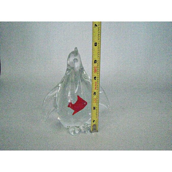 Clear Glass Penguin Figurine with Red Fish Inside Belly Artisan Paperweight Deco - Picture 8 of 12